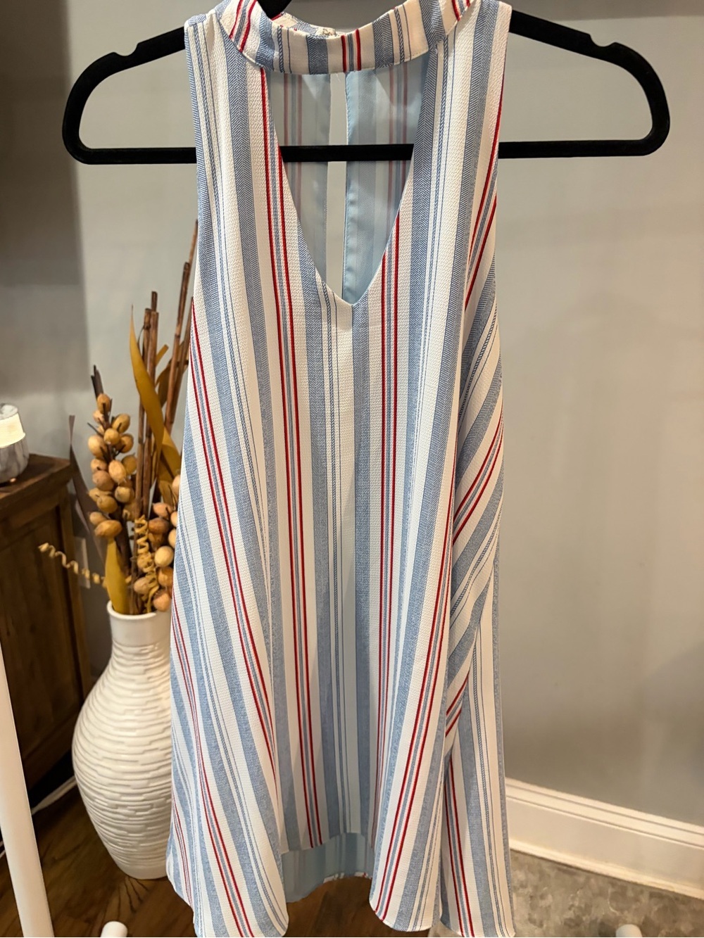Olivaceous Striped V-Neck Tunic or mini dress in red white & blue size medium